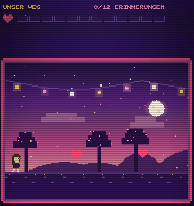 Eine Pixelfigur läuft durch eine Abendlandschaft mit Lichterkette und
            sammelt Herzen ein. Oben eine Leiste: 0 von 12 Erinnerungen.